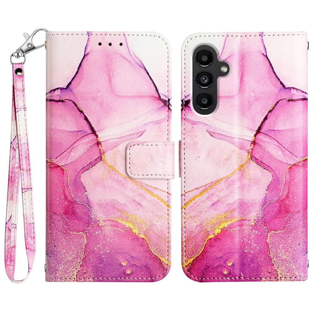 For Samsung Galaxy A15 4G Case with Strap Marble Pattern Leather Phone Cover Card Holder - Pink+Purple+Gold LS001 - 1