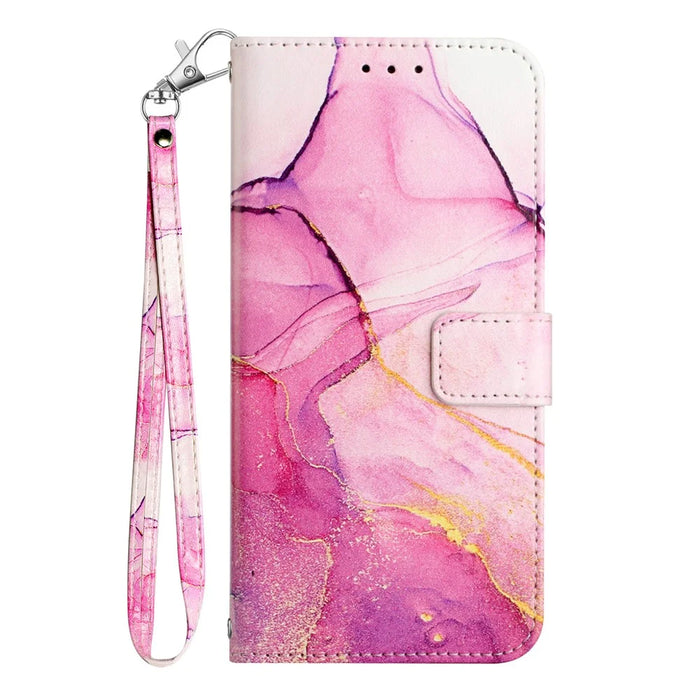 For Samsung Galaxy A15 4G Case with Strap Marble Pattern Leather Phone Cover Card Holder - Pink+Purple+Gold LS001 - 6