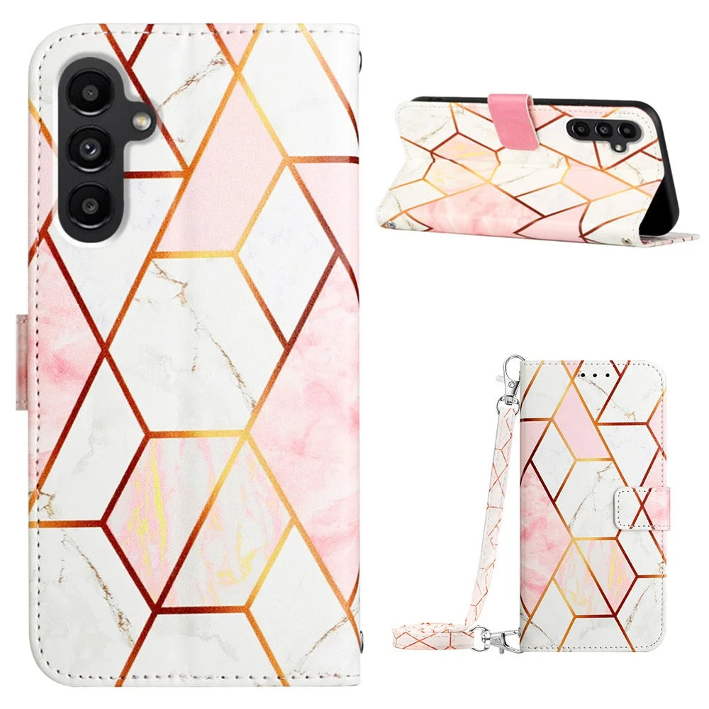 For Samsung Galaxy A05s 4G Leather Case with Shoulder Strap Marble Pattern Phone Stand Cover - Pink+White LS002 - 1