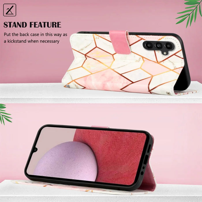 For Samsung Galaxy A05s 4G Leather Case with Shoulder Strap Marble Pattern Phone Stand Cover - Pink+White LS002 - 6