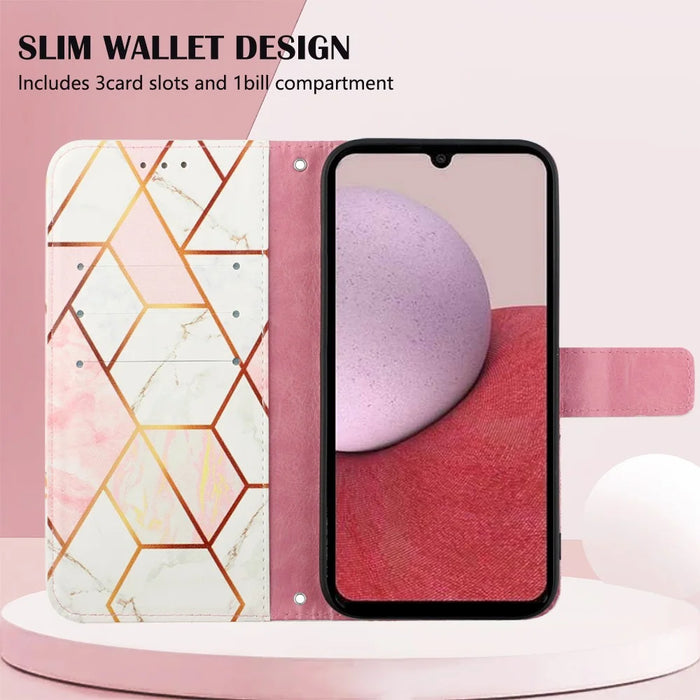 For Samsung Galaxy A05s 4G Leather Case with Shoulder Strap Marble Pattern Phone Stand Cover - Pink+White LS002 - 7