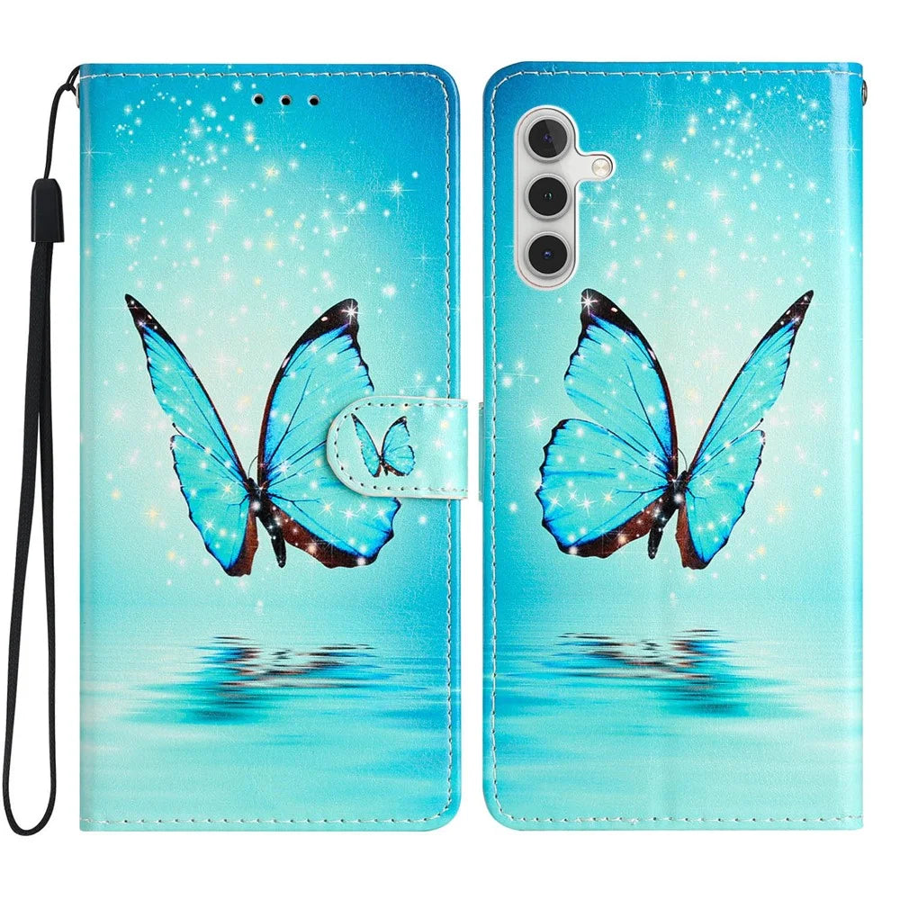 For Samsung Galaxy A15 5G Case Wallet PU Leather Pattern Print Phone Cover - Blue Butterfly - 1