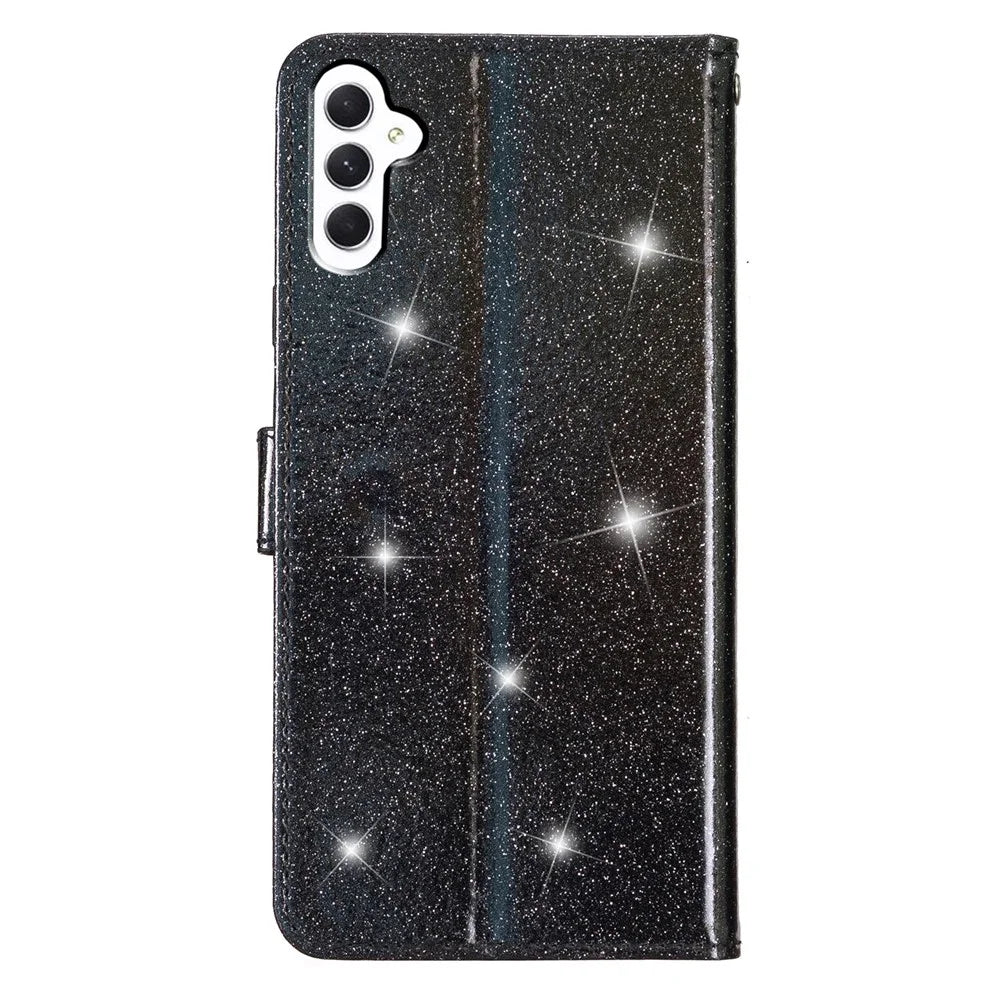 For Samsung Galaxy A15 5G Case PU Leather Wallet Glittery Phone Cover - Black - 7