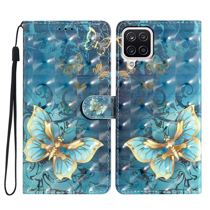 For Samsung Galaxy A12 Case Wallet PU Leather 3D Pattern Phone Cover with Strap - Butterfly - 1