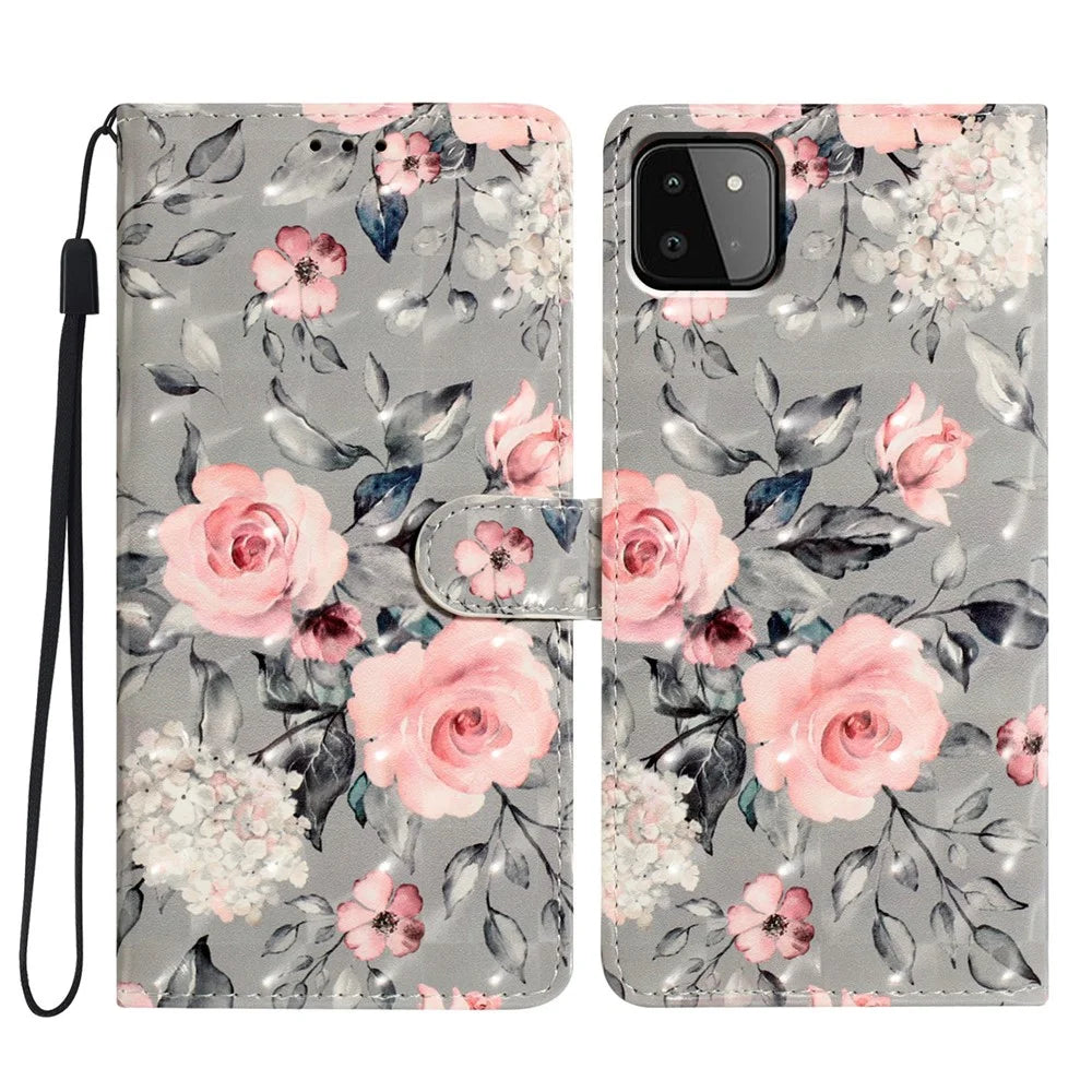 For Samsung Galaxy A22 5G (EU Version) Case Wallet PU Leather 3D Pattern Phone Cover - Flowers - 1
