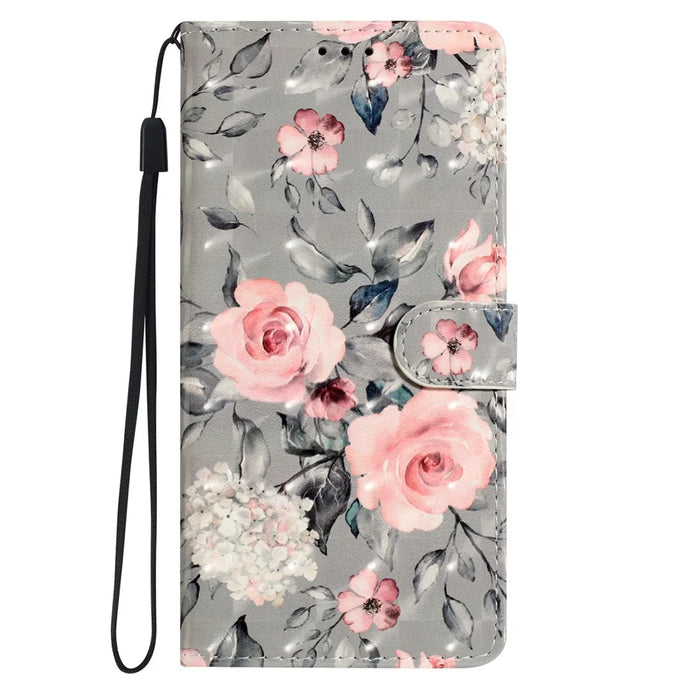For Samsung Galaxy A22 5G (EU Version) Case Wallet PU Leather 3D Pattern Phone Cover - Flowers - 5