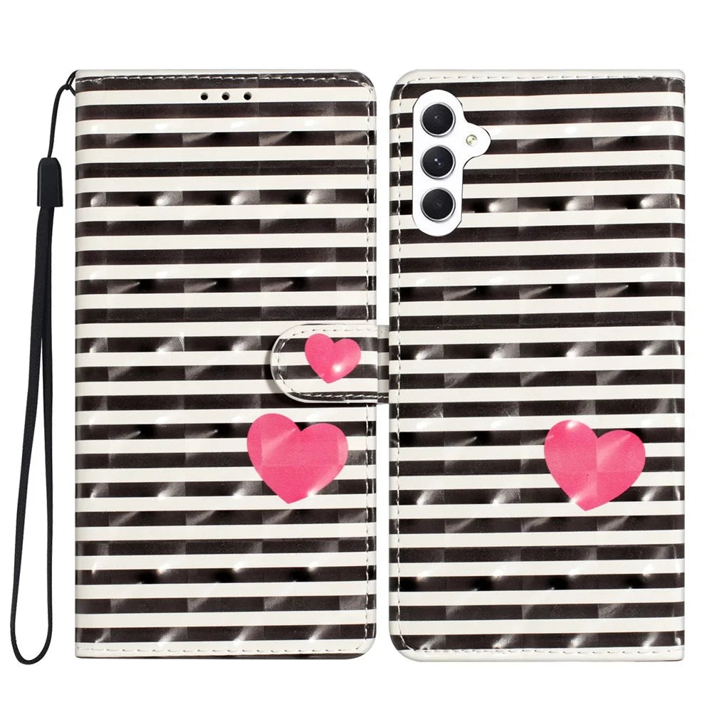 For Samsung Galaxy S23 FE Case Wallet PU Leather 3D Pattern Printing Phone Cover - Stripes / Heart - 1