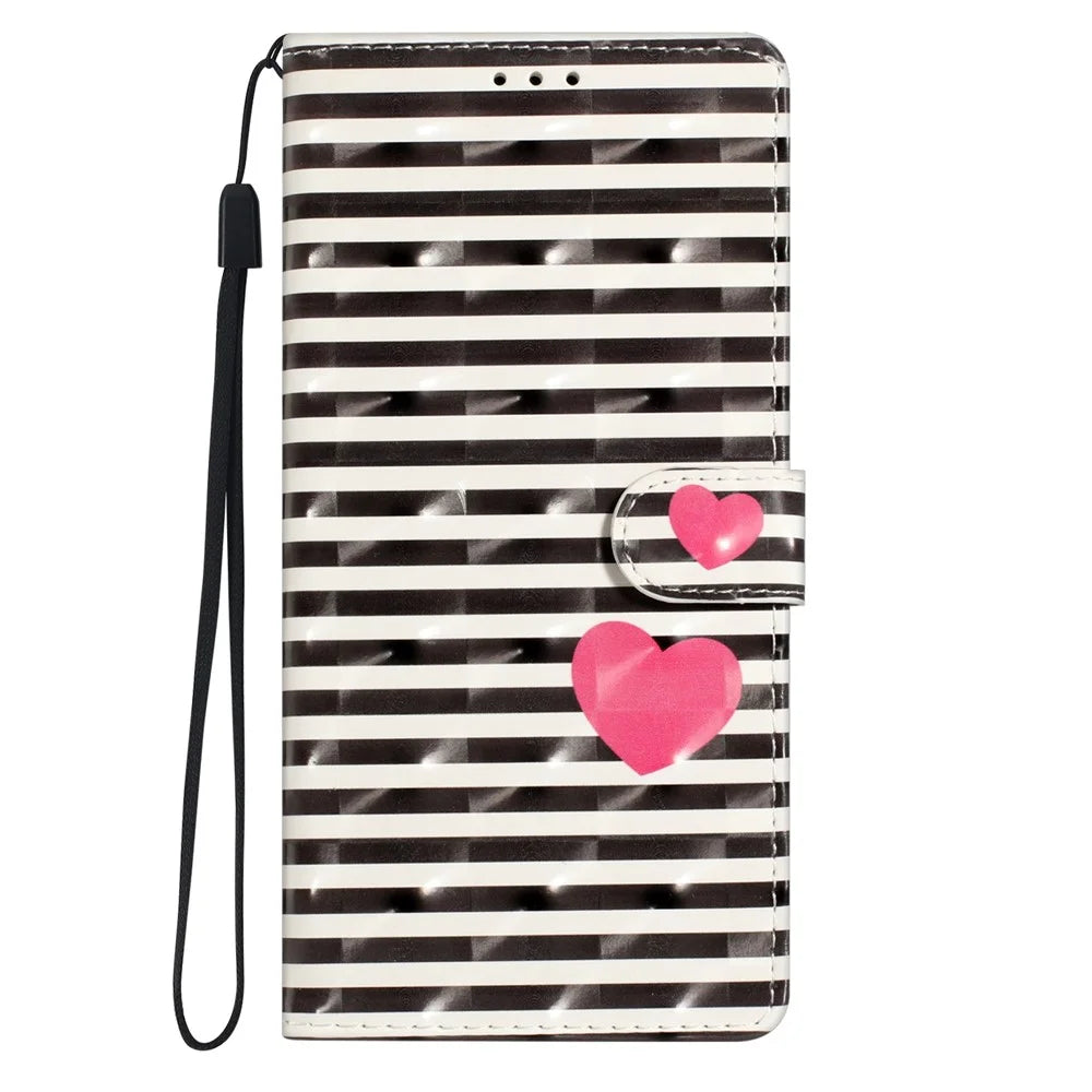 For Samsung Galaxy S23 FE Case Wallet PU Leather 3D Pattern Printing Phone Cover - Stripes / Heart - 5