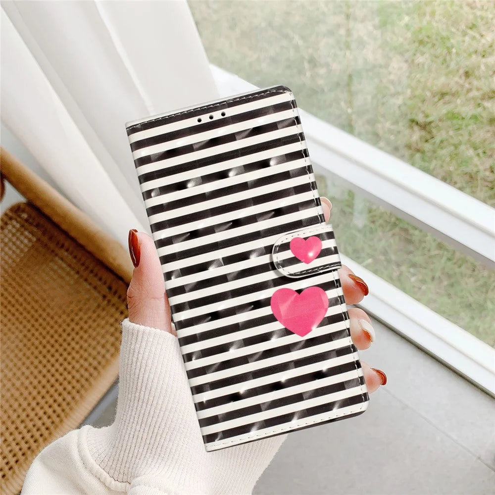 For Samsung Galaxy S23 FE Case Wallet PU Leather 3D Pattern Printing Phone Cover - Stripes / Heart - 7