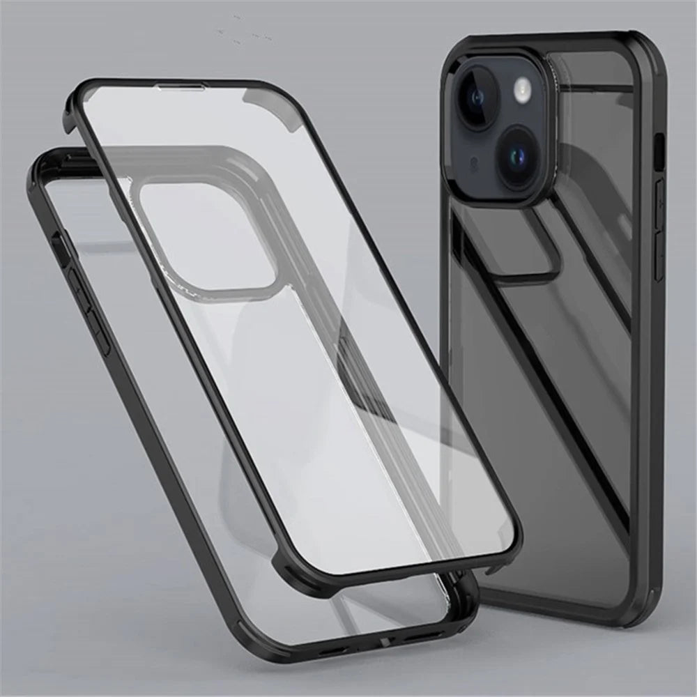 For iPhone 15 Clear Phone Case Tempered Glass + Silicone Frame Double-Sided Protective Cover - Black - 1