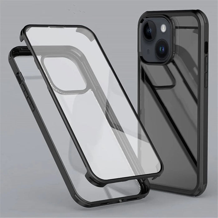 For iPhone 15 Clear Phone Case Tempered Glass + Silicone Frame Double-Sided Protective Cover - Black - 1