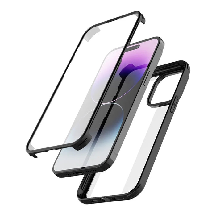 For iPhone 15 Clear Phone Case Tempered Glass + Silicone Frame Double-Sided Protective Cover - Black - 2