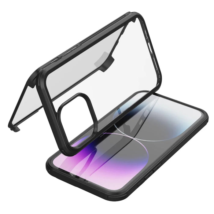 For iPhone 15 Clear Phone Case Tempered Glass + Silicone Frame Double-Sided Protective Cover - Black - 3