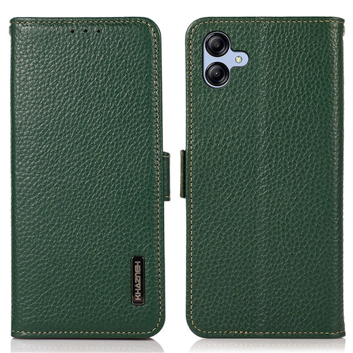 KHAZNEH For Samsung Galaxy A05 4G Phone Case Wallet Stand RFID Blocking Genuine Cow Leather Cover - Green - 1
