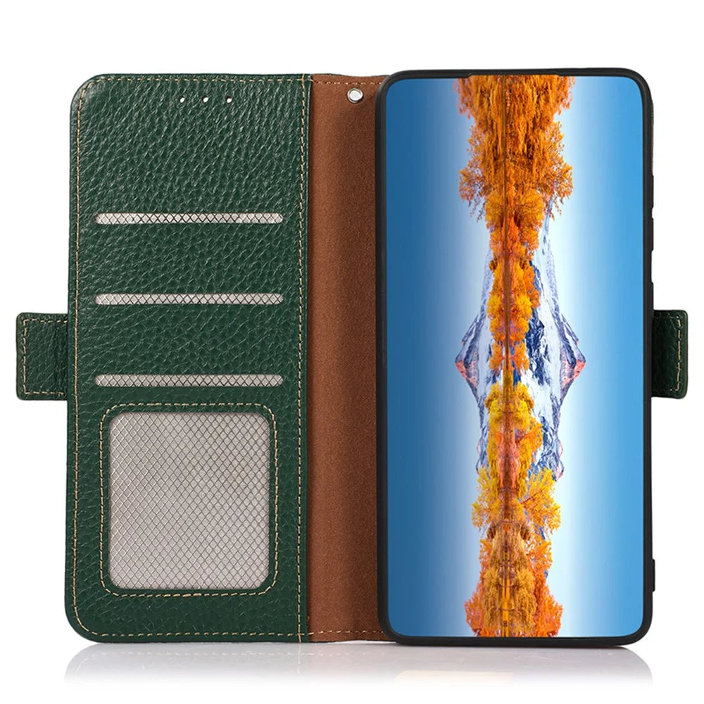 KHAZNEH For Samsung Galaxy A05 4G Phone Case Wallet Stand RFID Blocking Genuine Cow Leather Cover - Green - 2