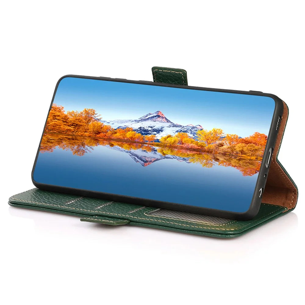 KHAZNEH For Samsung Galaxy A05 4G Phone Case Wallet Stand RFID Blocking Genuine Cow Leather Cover - Green - 3