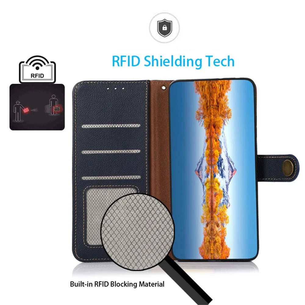 KHAZNEH For Samsung Galaxy A05 4G Case Wallet RFID Blocking Genuine Cow Leather Phone Cover - Blue - 5