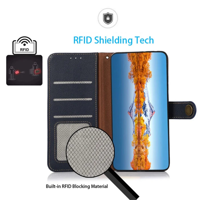 KHAZNEH For Samsung Galaxy A05 4G Case Wallet RFID Blocking Genuine Cow Leather Phone Cover - Blue - 5