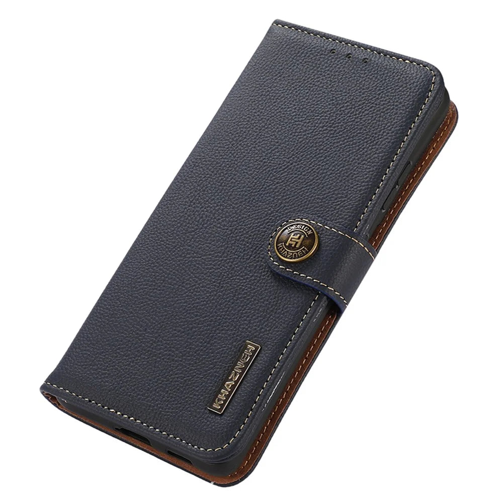 KHAZNEH For Samsung Galaxy A05 4G Case Wallet RFID Blocking Genuine Cow Leather Phone Cover - Blue - 6