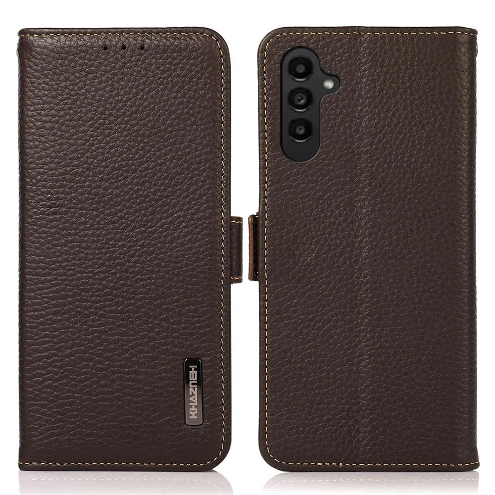 KHAZNEH For Samsung Galaxy A05s 4G Case Genuine Cow Leather Phone Cover Wallet Stand RFID Blocking Shell - Brown - 1