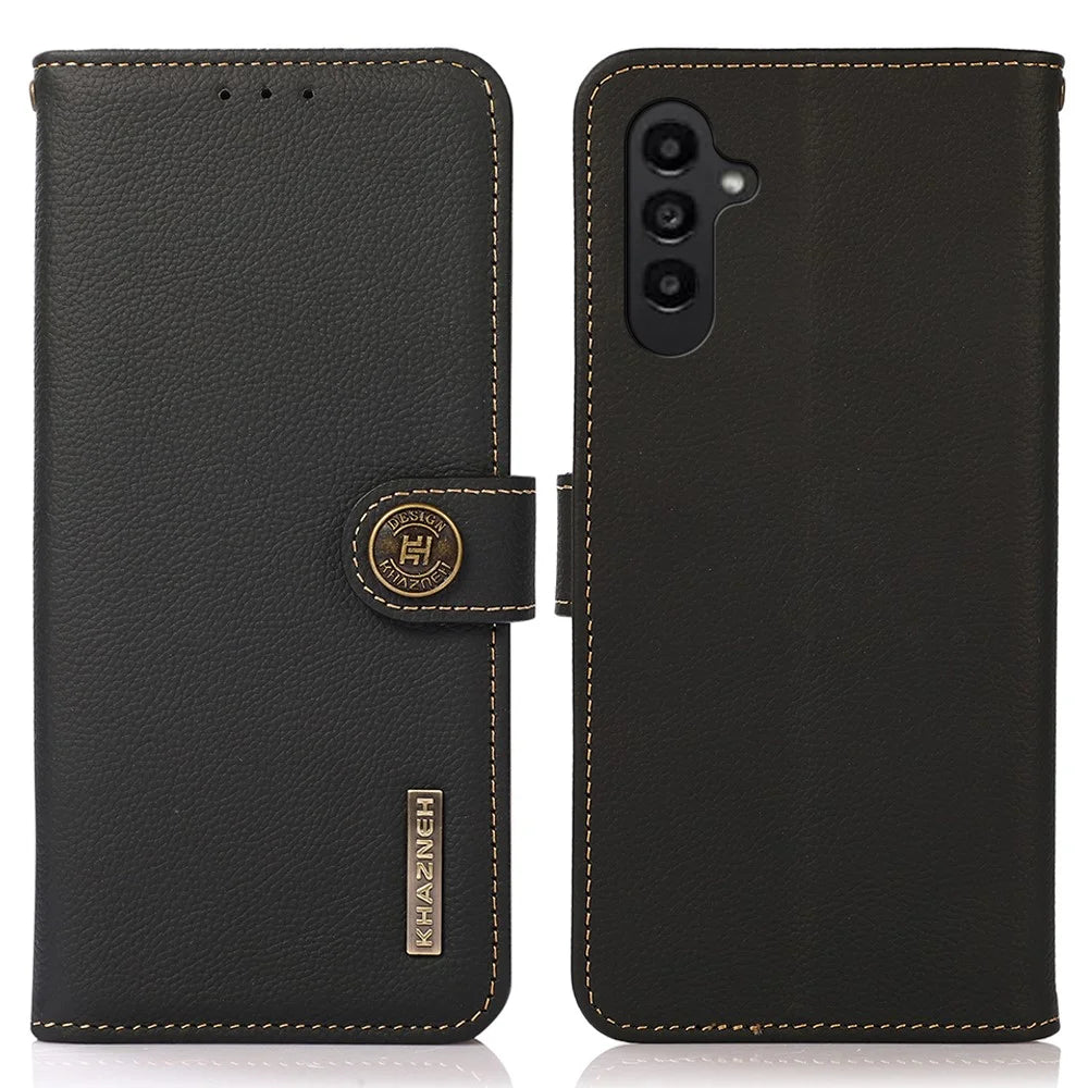 KHAZNEH For Samsung Galaxy A05s 4G Case Genuine Cow Leather Wallet RFID Blocking Cell Phone Cover - Black - 1