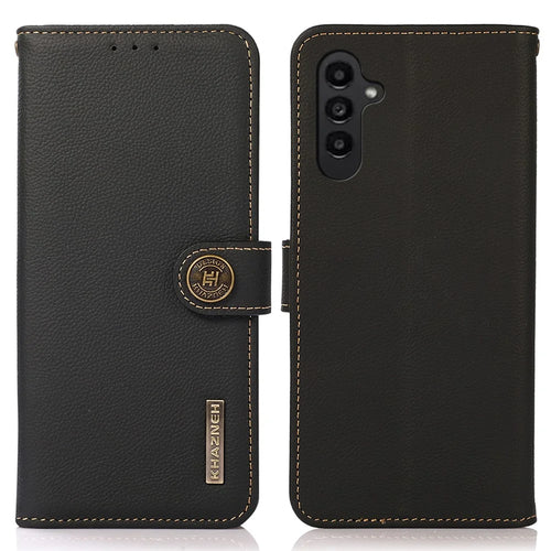 KHAZNEH For Samsung Galaxy A05s 4G Case Genuine Cow Leather Wallet RFID Blocking Cell Phone Cover - Black - 1