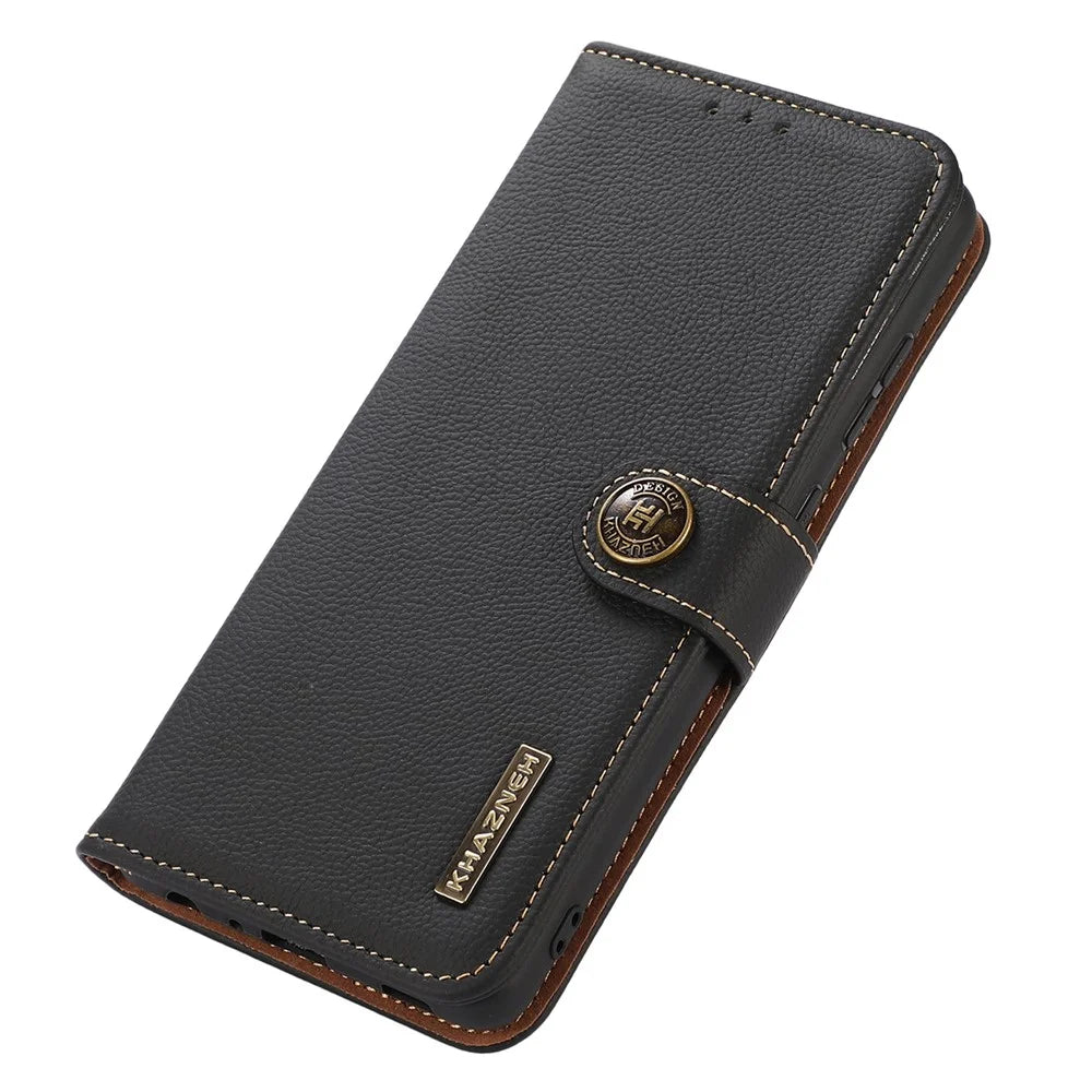 KHAZNEH For Samsung Galaxy A05s 4G Case Genuine Cow Leather Wallet RFID Blocking Cell Phone Cover - Black - 6