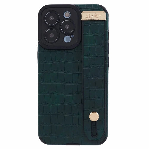 For iPhone 13 Pro Max Case Crocodile Texture Wristband Shell PU Leather+TPU Phone Cover - Green - 1