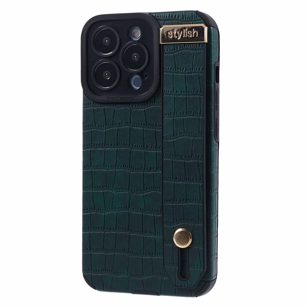 For iPhone 13 Pro Max Case Crocodile Texture Wristband Shell PU Leather+TPU Phone Cover - Green - 3