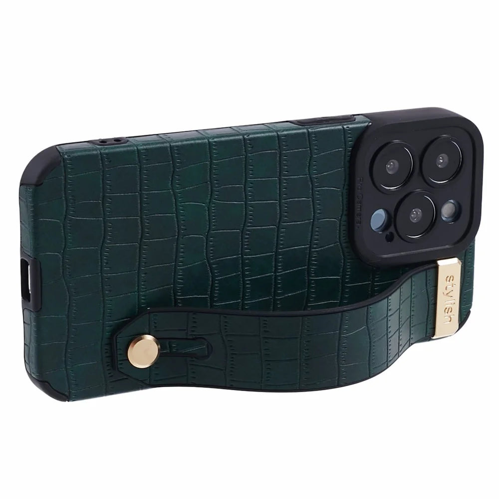 For iPhone 13 Pro Max Case Crocodile Texture Wristband Shell PU Leather+TPU Phone Cover - Green - 4