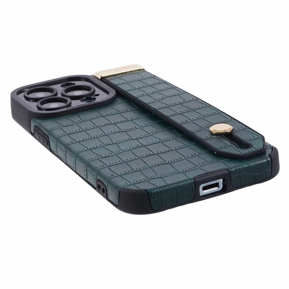For iPhone 13 Pro Max Case Crocodile Texture Wristband Shell PU Leather+TPU Phone Cover - Green - 6