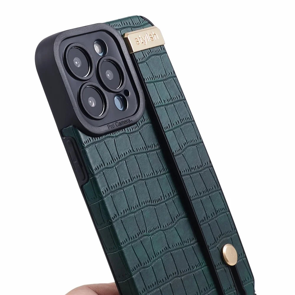 For iPhone 13 Pro Max Case Crocodile Texture Wristband Shell PU Leather+TPU Phone Cover - Green - 7