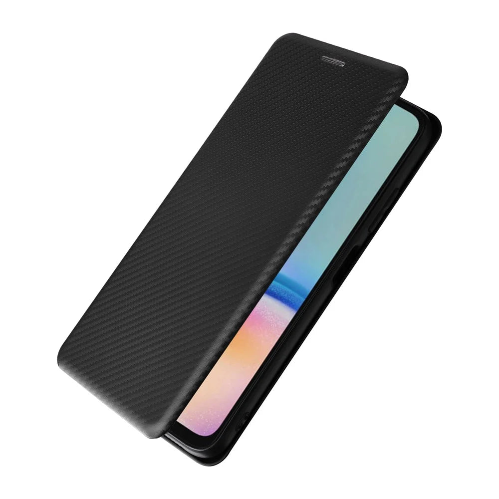 For Samsung Galaxy A05s 4G Case Carbon Fiber Texture PU Leather Phone Shell with Card Slot - Black - 6