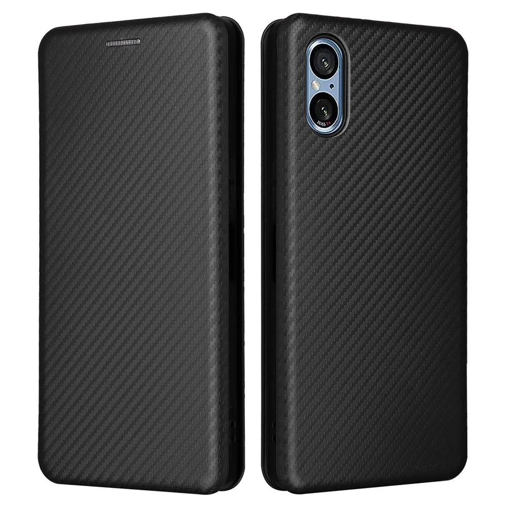 For Sony Xperia 5 V Case Carbon Fiber Texture Anti-drop Card Holder PU Leather Phone Shell - Black - 1