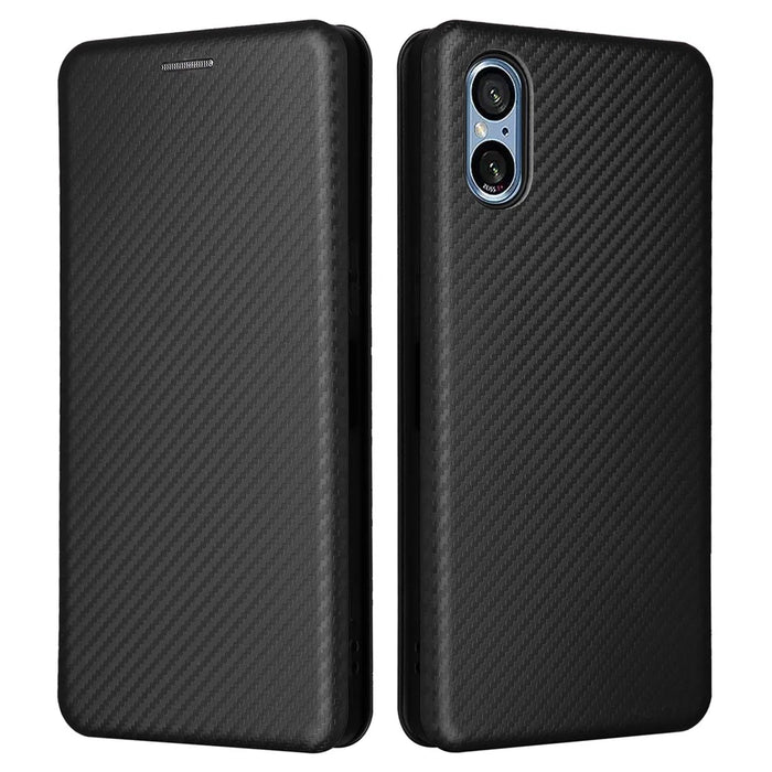 For Sony Xperia 5 V Case Carbon Fiber Texture Anti-drop Card Holder PU Leather Phone Shell - Black - 1