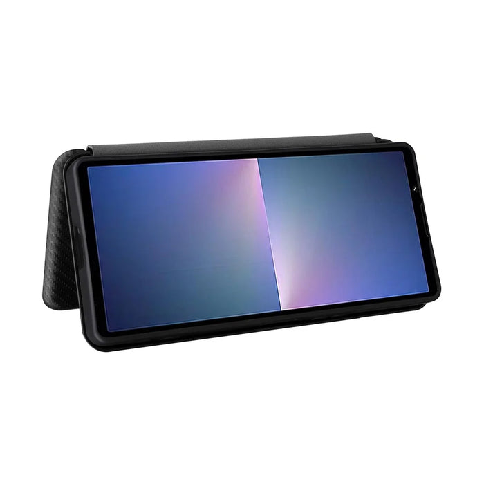 For Sony Xperia 5 V Case Carbon Fiber Texture Anti-drop Card Holder PU Leather Phone Shell - Black - 3