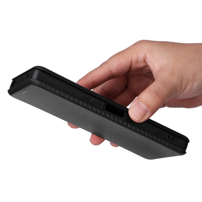 For Sony Xperia 5 V Case Carbon Fiber Texture Anti-drop Card Holder PU Leather Phone Shell - Black - 7