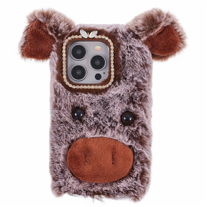 For iPhone 15 Pro Max Case Cute Pig Design Plush + TPU Soft Anti-drop Phone Cover - Brown - 1