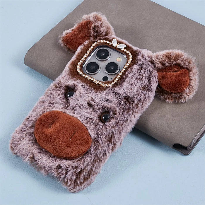 For iPhone 15 Pro Max Case Cute Pig Design Plush + TPU Soft Anti-drop Phone Cover - Brown - 6