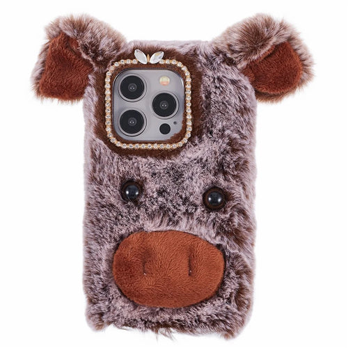For iPhone 15 Pro Case Cute Pig Plush + TPU Shockproof Phone Cover - Brown - 1
