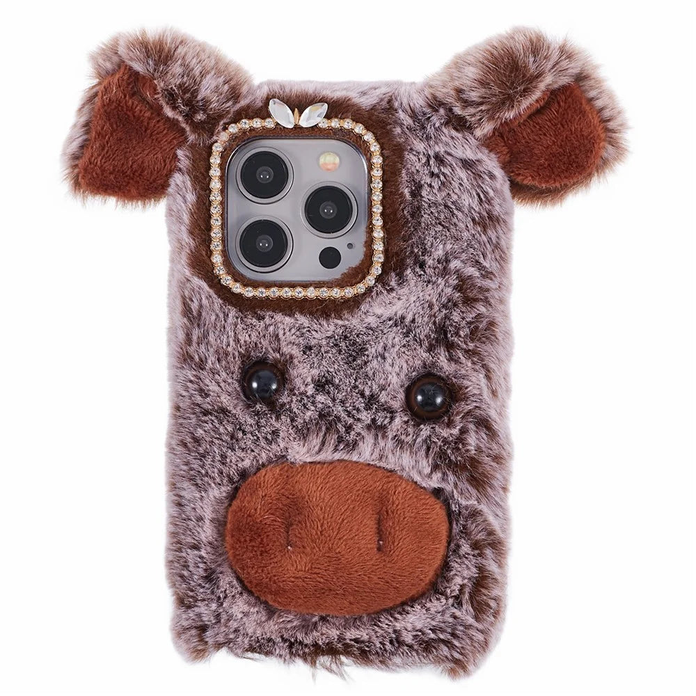 For iPhone 15 Pro Case Cute Pig Plush + TPU Shockproof Phone Cover - Brown - 1