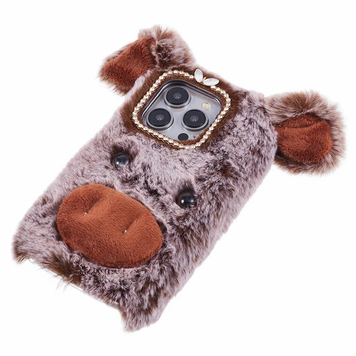 For iPhone 15 Pro Case Cute Pig Plush + TPU Shockproof Phone Cover - Brown - 3