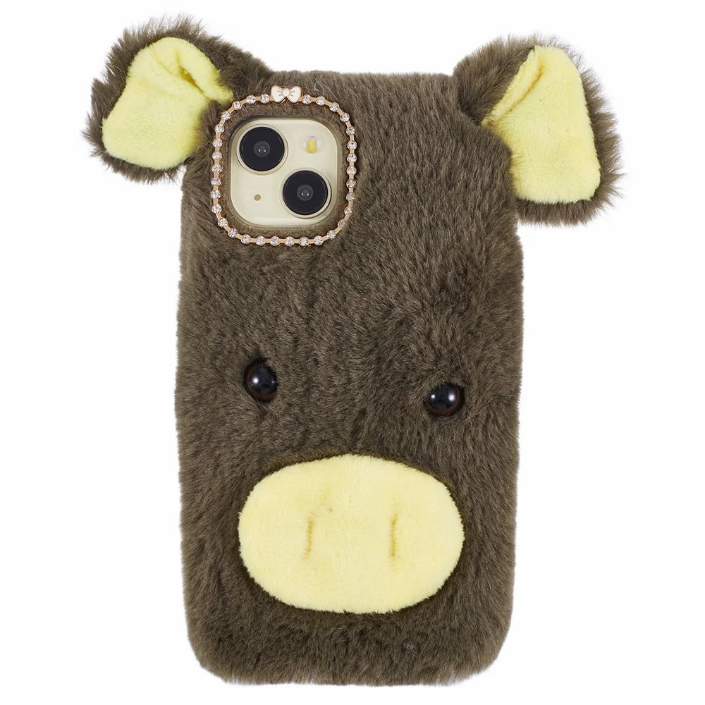 For iPhone 15 Plus Cover Cartoon Pig Design Soft Plush + TPU Anti-drop Phone Back Case - Green - 1