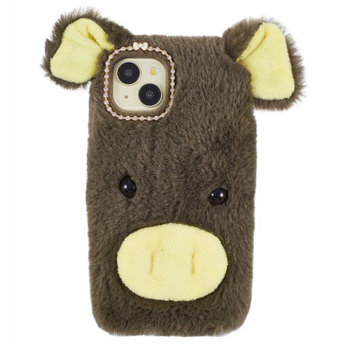 For iPhone 15 Plus Cover Cartoon Pig Design Soft Plush + TPU Anti-drop Phone Back Case - Green - 1