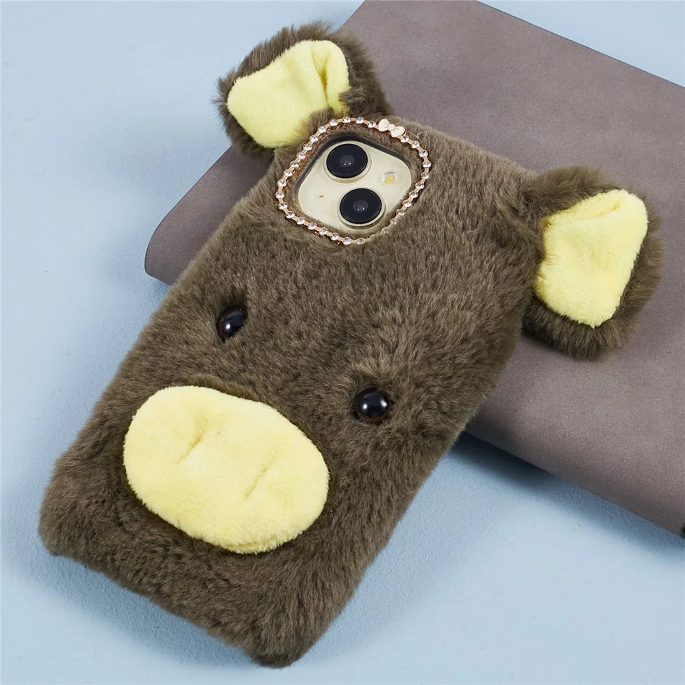 For iPhone 15 Plus Cover Cartoon Pig Design Soft Plush + TPU Anti-drop Phone Back Case - Green - 5