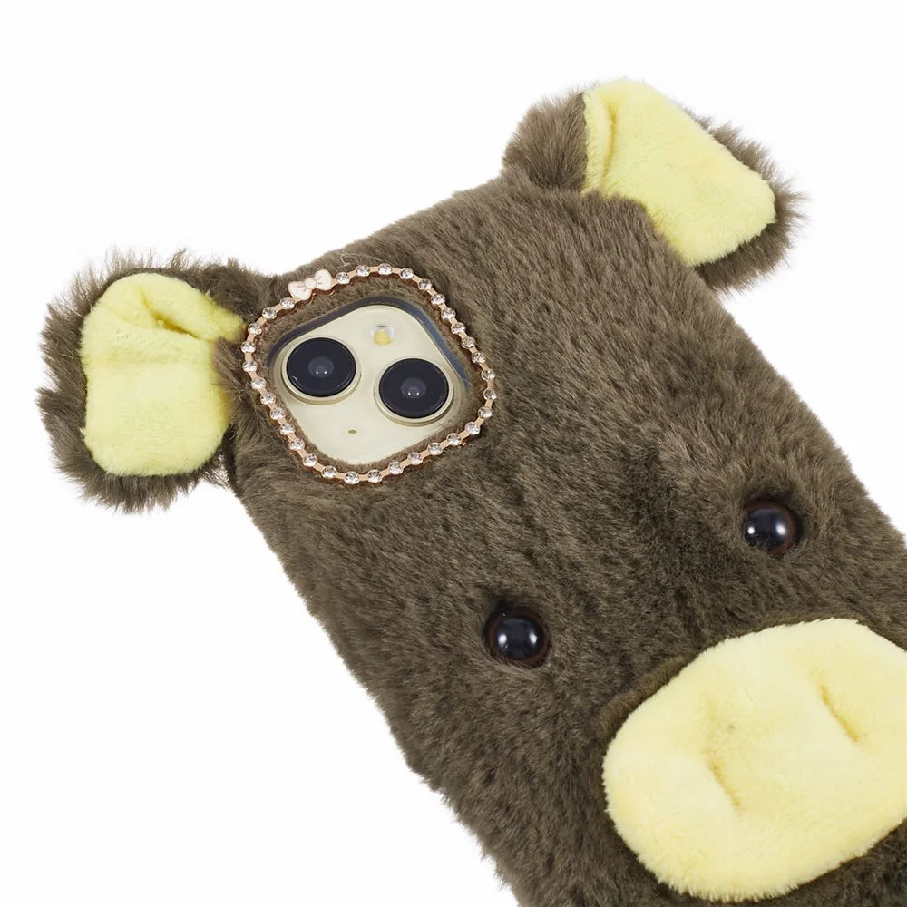 For iPhone 15 Case Cute Cartoon Pig Design Soft Plush + TPU Anti-scratch Phone Cover - Green - 4