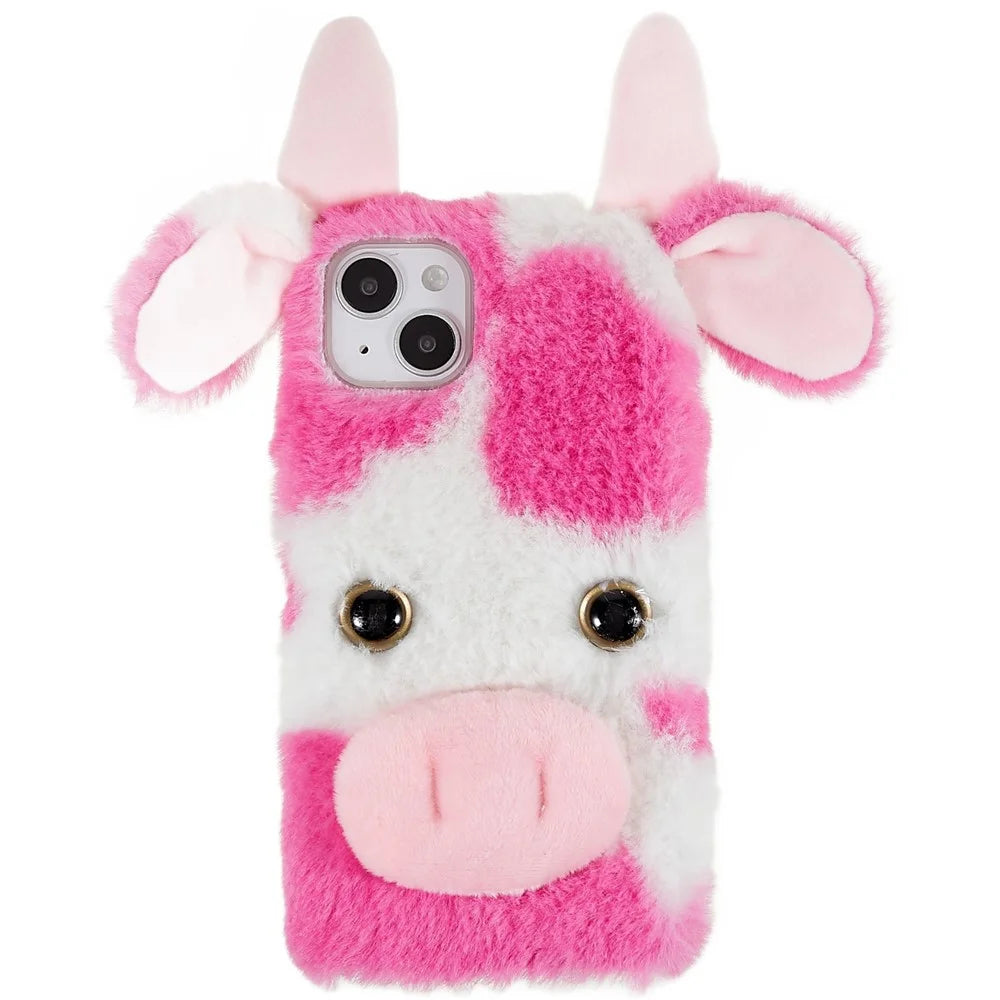 For iPhone 15 Fluffy Milk Cow Ear Case Winter Warm Soft TPU Phone Cover - Rose - 1