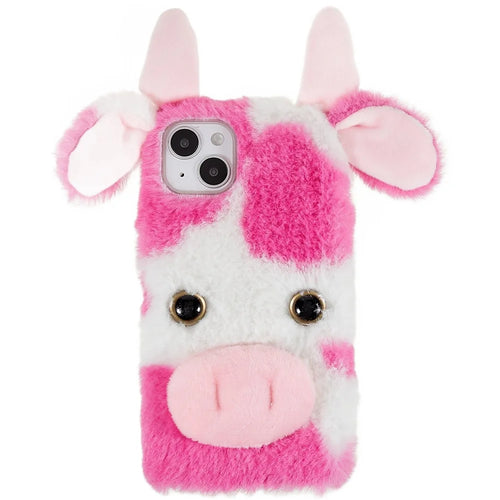 For iPhone 15 Fluffy Milk Cow Ear Case Winter Warm Soft TPU Phone Cover - Rose - 1