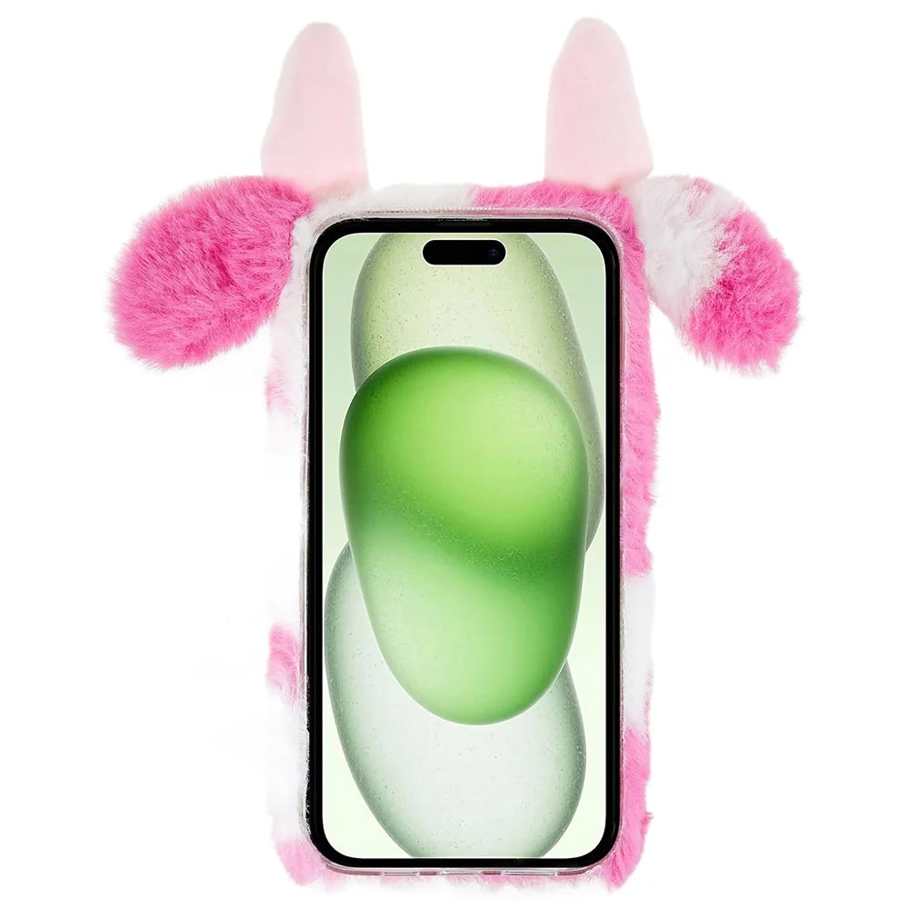 For iPhone 15 Fluffy Milk Cow Ear Case Winter Warm Soft TPU Phone Cover - Rose - 2
