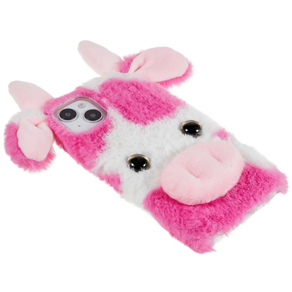 For iPhone 15 Fluffy Milk Cow Ear Case Winter Warm Soft TPU Phone Cover - Rose - 3
